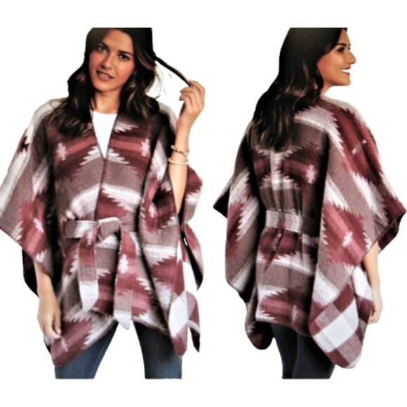 NWT Maurices Women's Wine Reversible Plaid Geo Print Tie Waist Ruana Shawl Ponch - Picture 1 of 8